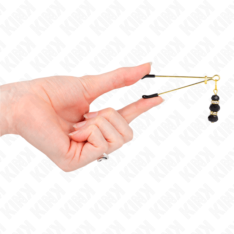 KINK – PINCES À TETON FINES OR AVEC 3 BILLES DE VERRE NOIR 7 CM
