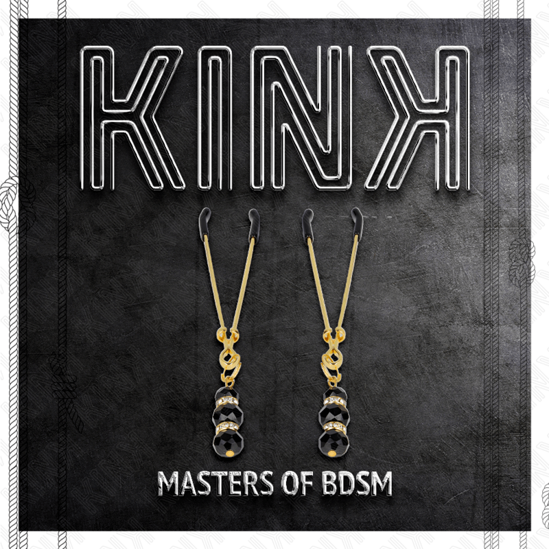 KINK – PINCES À TETON FINES OR AVEC 3 BILLES DE VERRE NOIR 7 CM