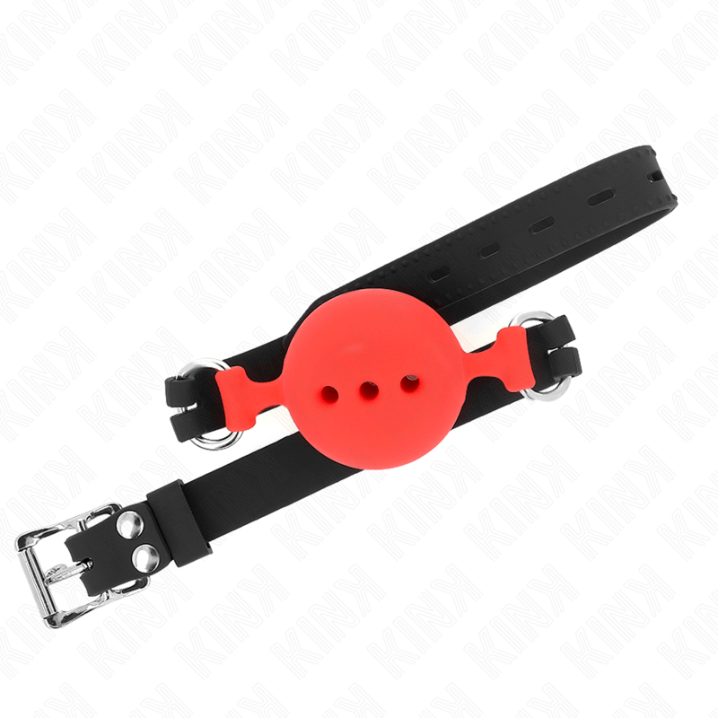 KINK – BÂILLON ENTIÈREMENT SILICONE 55 x 2 CM AVEC BOULE DE 5 CM TAILLE L ROUGE AJUSTABLE 35-51 CM