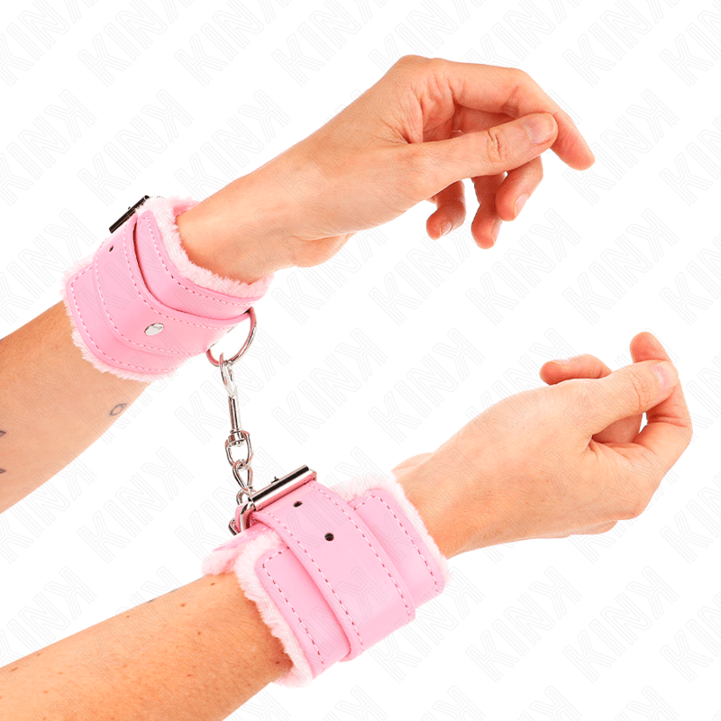 KINK – APPUI-POIGNETS DOUBLÉS DE FOURRURE ROSE AVEC CEINTURE ROSE RÉGLABLE 17-29 CM X 6 CM
