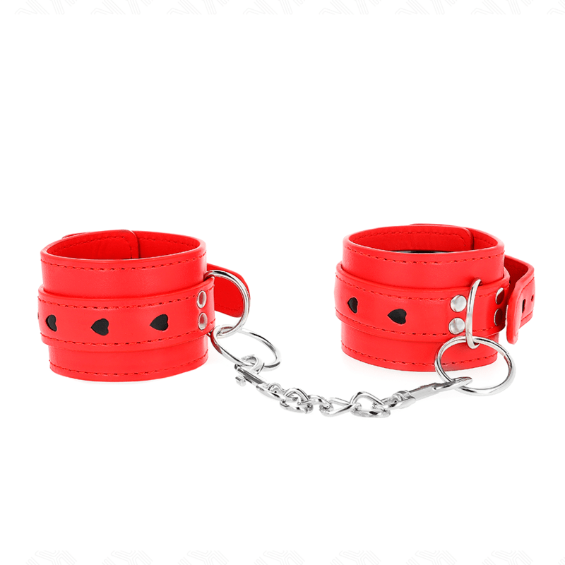 KINK – APPAREILS-POIGNETS ROUGES AVEC INCRUSTATION COEUR NOIR RÉGLABLE 21-28 CM X 5,5 CM