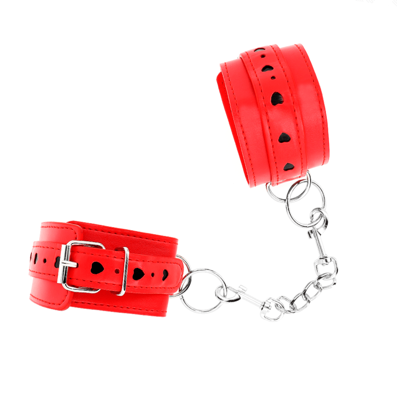 KINK – APPAREILS-POIGNETS ROUGES AVEC INCRUSTATION COEUR NOIR RÉGLABLE 21-28 CM X 5,5 CM