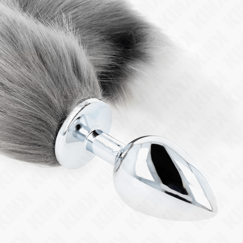 KINK – PLUG ANAL TAILLE L 10 X 4 CM AVEC QUEUE SYNTHÉTIQUE 40 CM GRIS ET BLANC