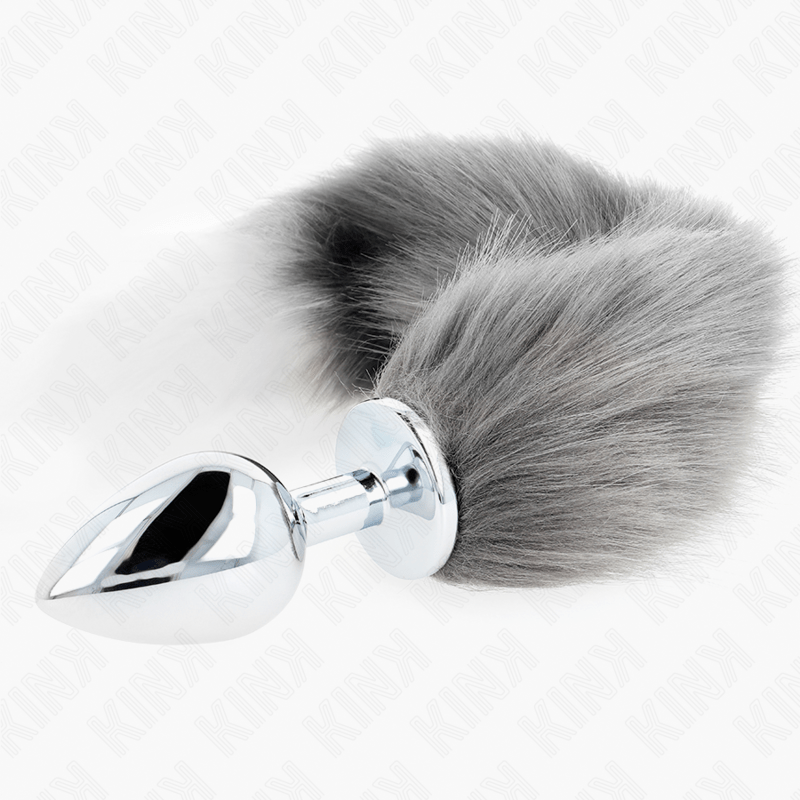 KINK – PLUG ANAL TAILLE L 10 X 4 CM AVEC QUEUE SYNTHÉTIQUE 40 CM GRIS ET BLANC