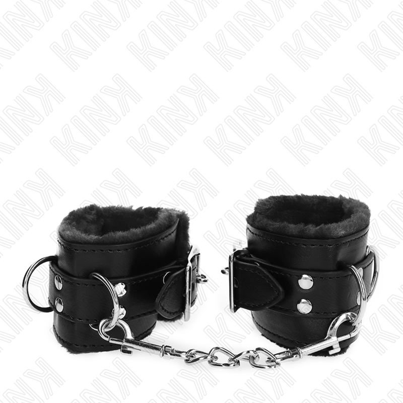 KINK – APPUI-POIGNETS DOUBLÉS DE FOURRURE NOIR AVEC CEINTURE NOIRE RÉGLABLE 17-29 CM X 6 CM