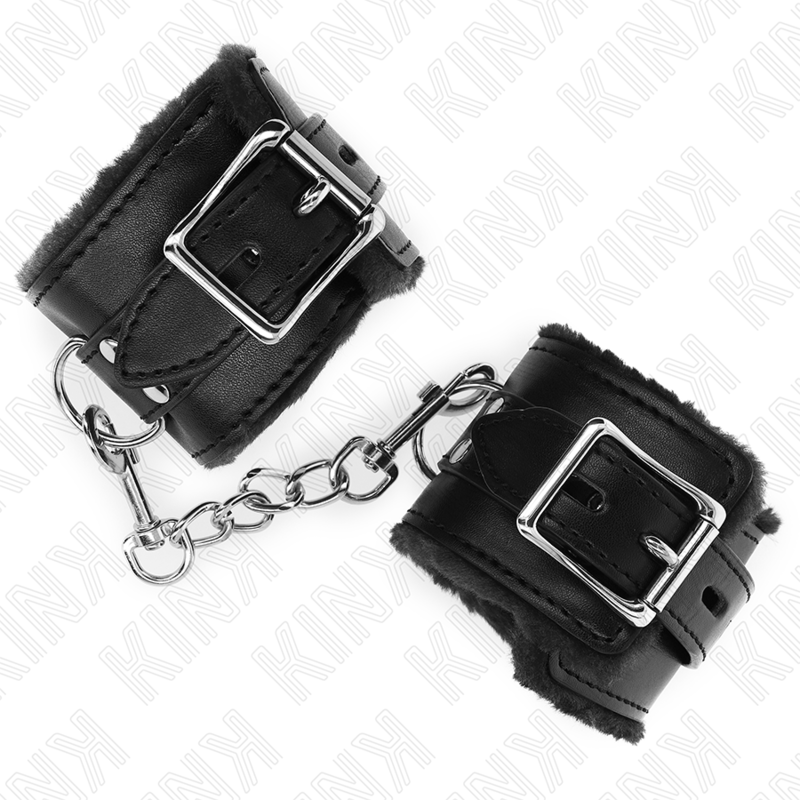 KINK – APPUI-POIGNETS DOUBLÉS DE FOURRURE NOIR AVEC CEINTURE NOIRE RÉGLABLE 17-29 CM X 6 CM