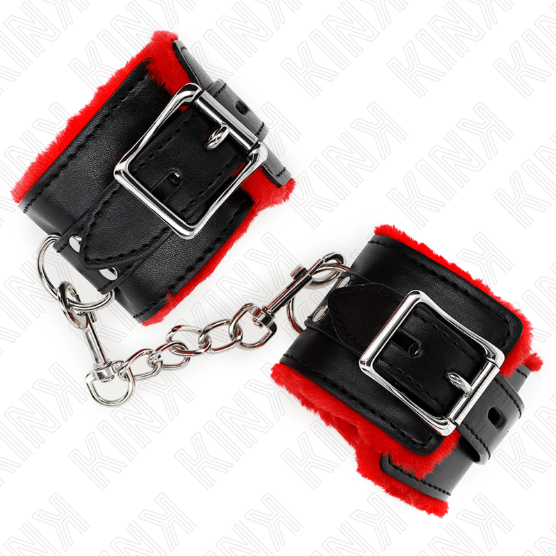 KINK – APPUI-POIGNETS DOUBLÉS DE FOURRURE AVEC TROUS CARRÉS CEINTURE ROUGE ET NOIRE RÉGLABLE 17-29 CM X 6 CM