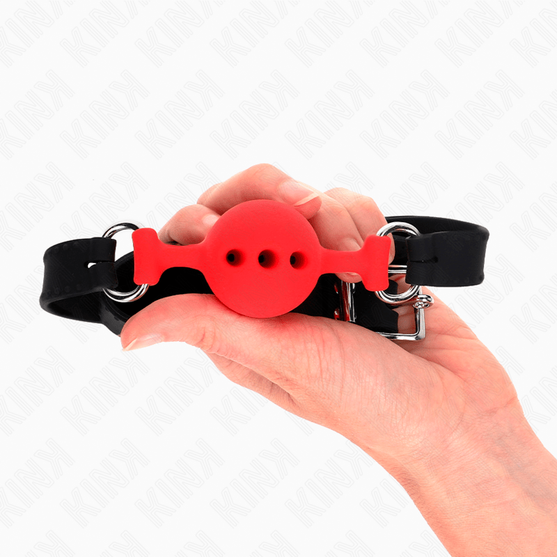 KINK – BÂILLON ENTIÈREMENT SILICONE 55 x 2 CM AVEC BOULE DE 4 CM TAILLE S ROUGE AJUSTABLE 35-51 CM