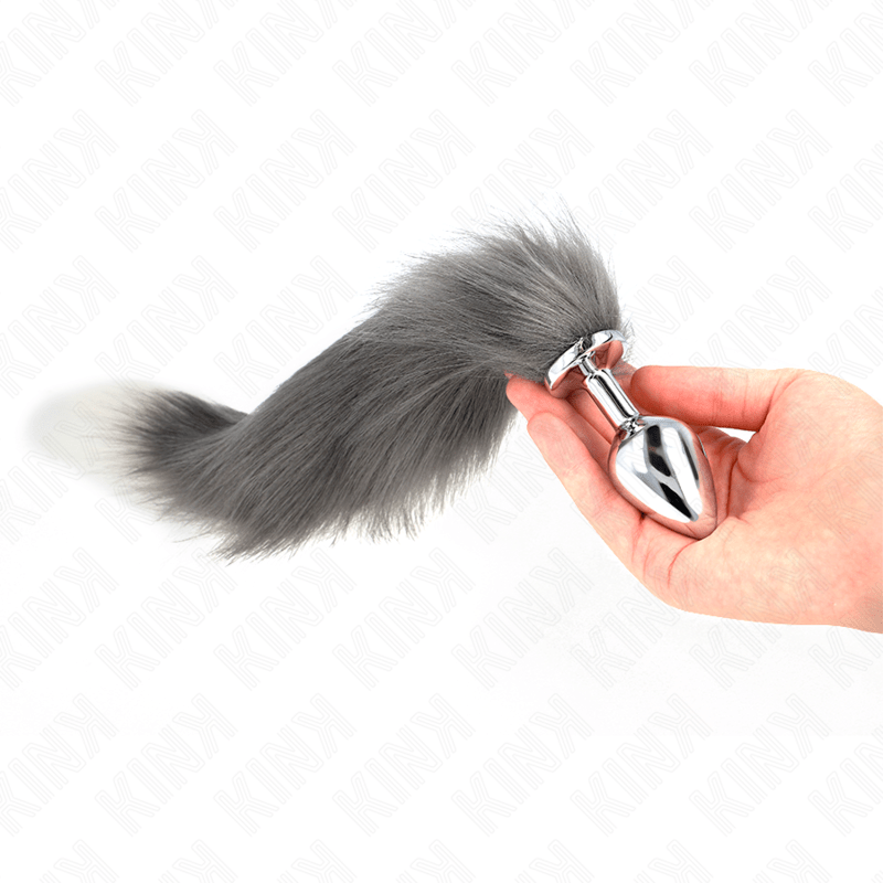 KINK – PLUG ANAL TAILLE M 8 X 3,5 CM AVEC QUEUE SYNTHÉTIQUE 40 CM GRIS ET BLANC