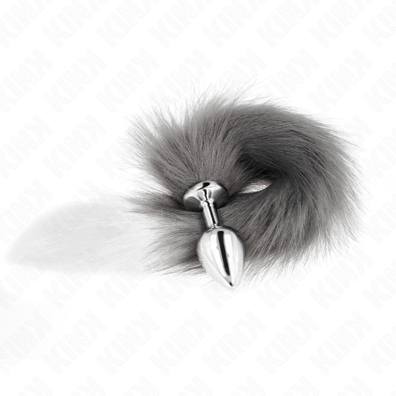 KINK – PLUG ANAL TAILLE M 8 X 3,5 CM AVEC QUEUE SYNTHÉTIQUE 40 CM GRIS ET BLANC