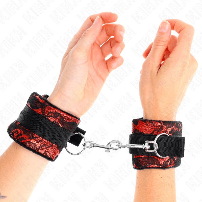 KINK – ATTENTES-POIGNETS COURTES EN DENTELLE DE VELOURS ET RELIURE EN NYLON ROUGE / NOIR 23 X 6,5 CM