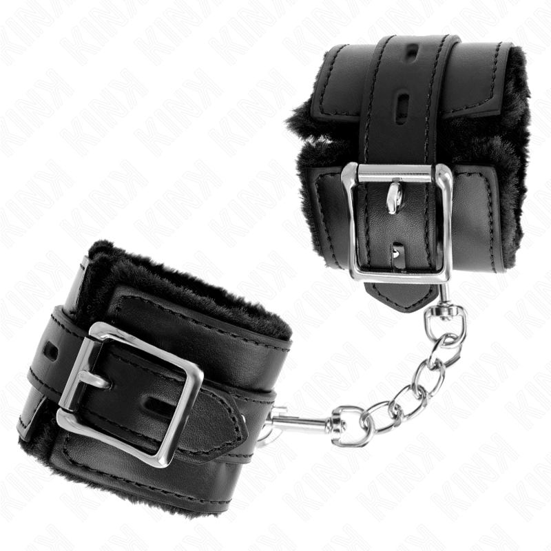 KINK – APPUI-POIGNETS DOUBLÉS DE FOURRURE AVEC TROUS CARRÉS NOIR ET CEINTURE NOIRE RÉGLABLE 17-29 CM X 6 CM