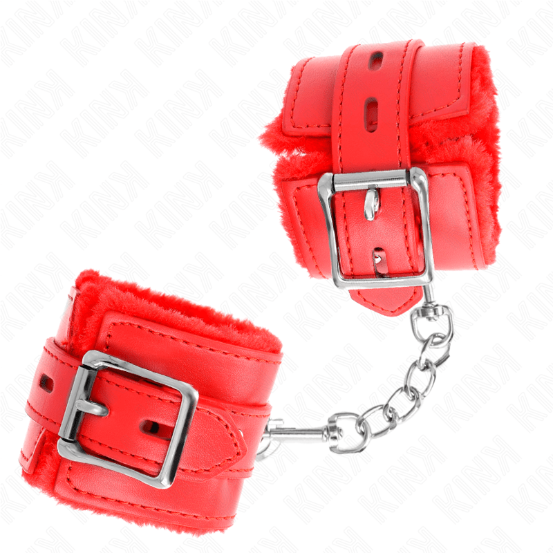 KINK – APPUI-POIGNETS DOUBLÉS DE FOURRURE AVEC TROUS CARRÉS ROUGE ET CEINTURE ROUGE RÉGLABLE 17-29 CM X 6 CM