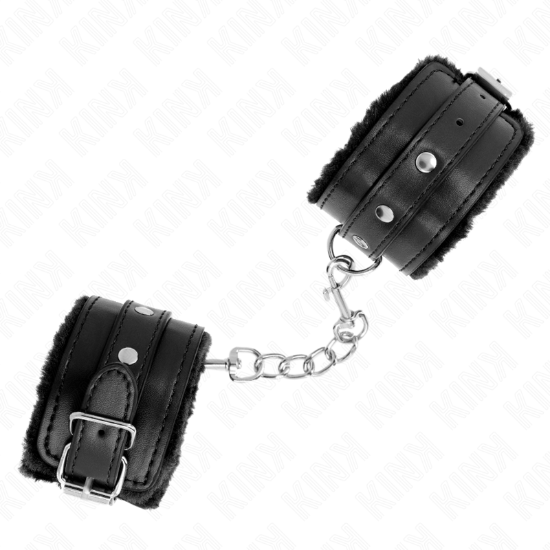 KINK – APPUI-POIGNETS DOUBLÉS DE FOURRURE PREMIUM NOIR AVEC CEINTURE NOIRE RÉGLABLE 17-29 CM X 6 CM