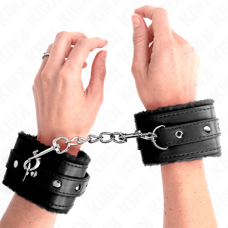 KINK – APPUI-POIGNETS DOUBLÉS DE FOURRURE PREMIUM NOIR AVEC CEINTURE NOIRE RÉGLABLE 17-29 CM X 6 CM
