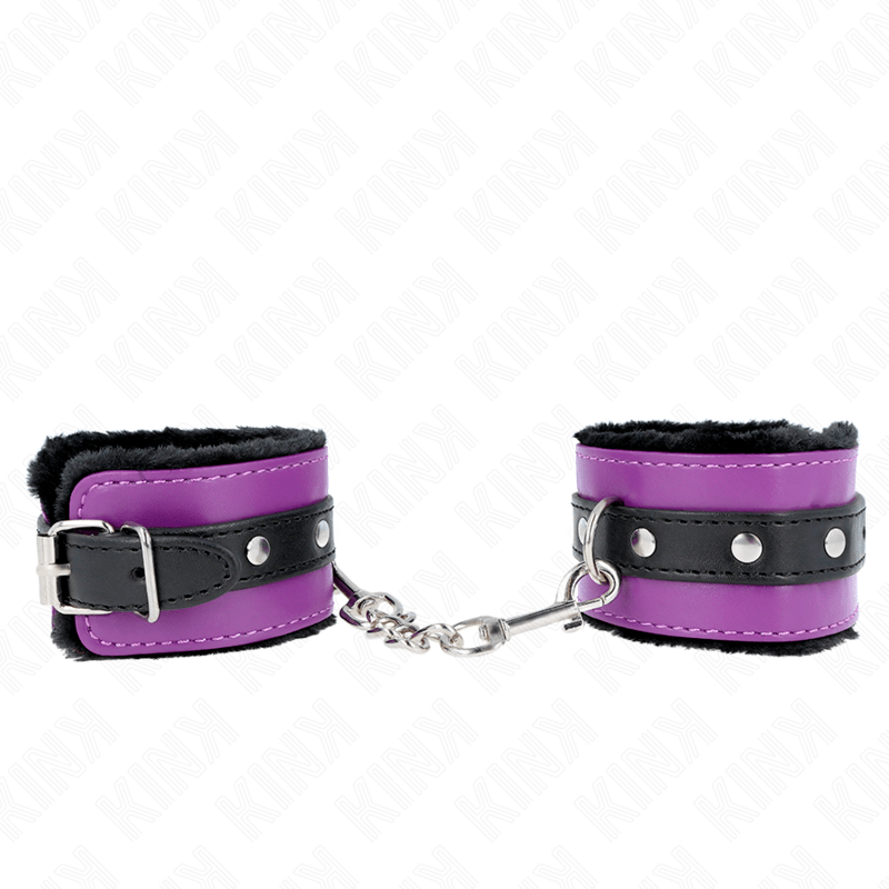 KINK – APPUI-POIGNETS DOUBLÉS DE FOURRURE PREMIUM NOIR AVEC CEINTURE VIOLET / NOIRE RÉGLABLE 17-29 CM X 6 CM