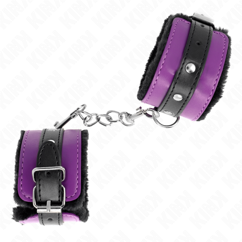 KINK – APPUI-POIGNETS DOUBLÉS DE FOURRURE PREMIUM NOIR AVEC CEINTURE VIOLET / NOIRE RÉGLABLE 17-29 CM X 6 CM