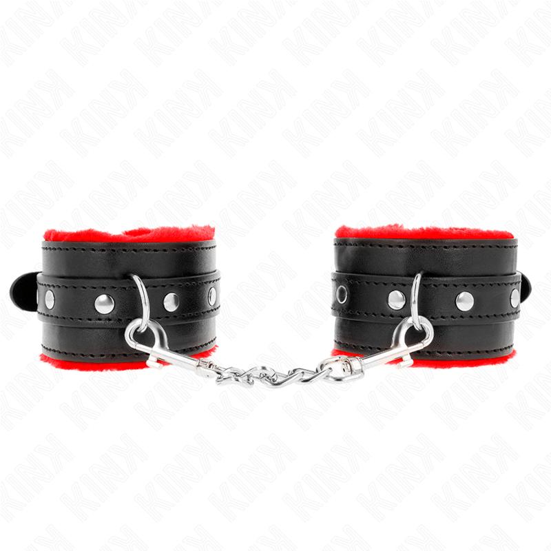 KINK – APPUI-POIGNETS DOUBLÉS DE FOURRURE PREMIUM ROUGE AVEC CEINTURE NOIRE RÉGLABLE 17-29 CM X 6 CM