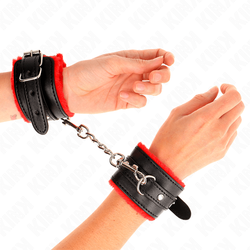 KINK – APPUI-POIGNETS DOUBLÉS DE FOURRURE PREMIUM ROUGE AVEC CEINTURE NOIRE RÉGLABLE 17-29 CM X 6 CM