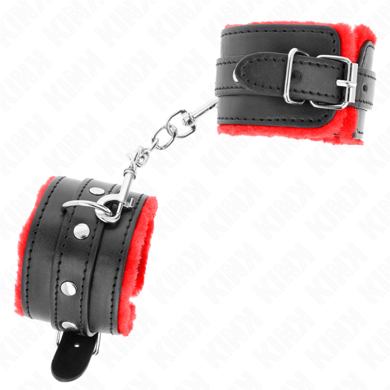 KINK – APPUI-POIGNETS DOUBLÉS DE FOURRURE PREMIUM ROUGE AVEC CEINTURE NOIRE RÉGLABLE 17-29 CM X 6 CM