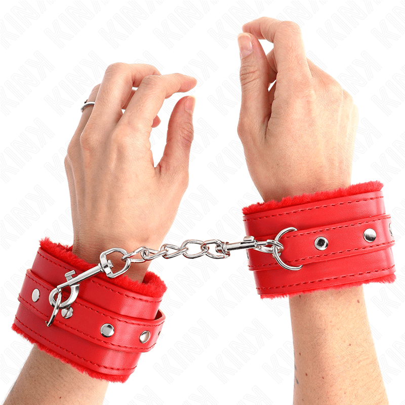 KINK – APPUI-POIGNETS DOUBLÉS DE FOURRURE PREMIUM ROUGE AVEC CEINTURE ROUGE RÉGLABLE 17-29 CM X 6 CM