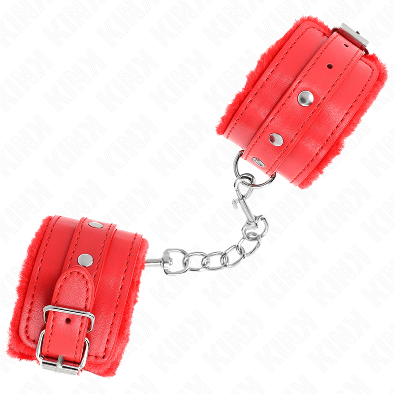 KINK – APPUI-POIGNETS DOUBLÉS DE FOURRURE PREMIUM ROUGE AVEC CEINTURE ROUGE RÉGLABLE 17-29 CM X 6 CM