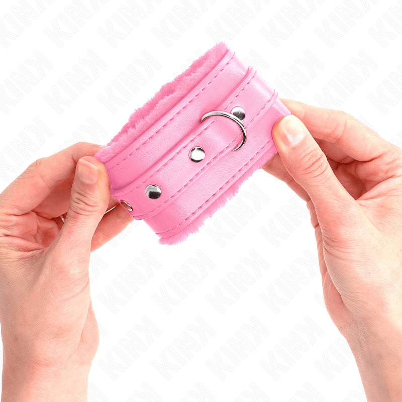KINK – APPUI-POIGNETS DOUBLÉS DE FOURRURE PREMIUM ROSE AVEC CEINTURE ROSE RÉGLABLE 17-29 CM X 6 CM
