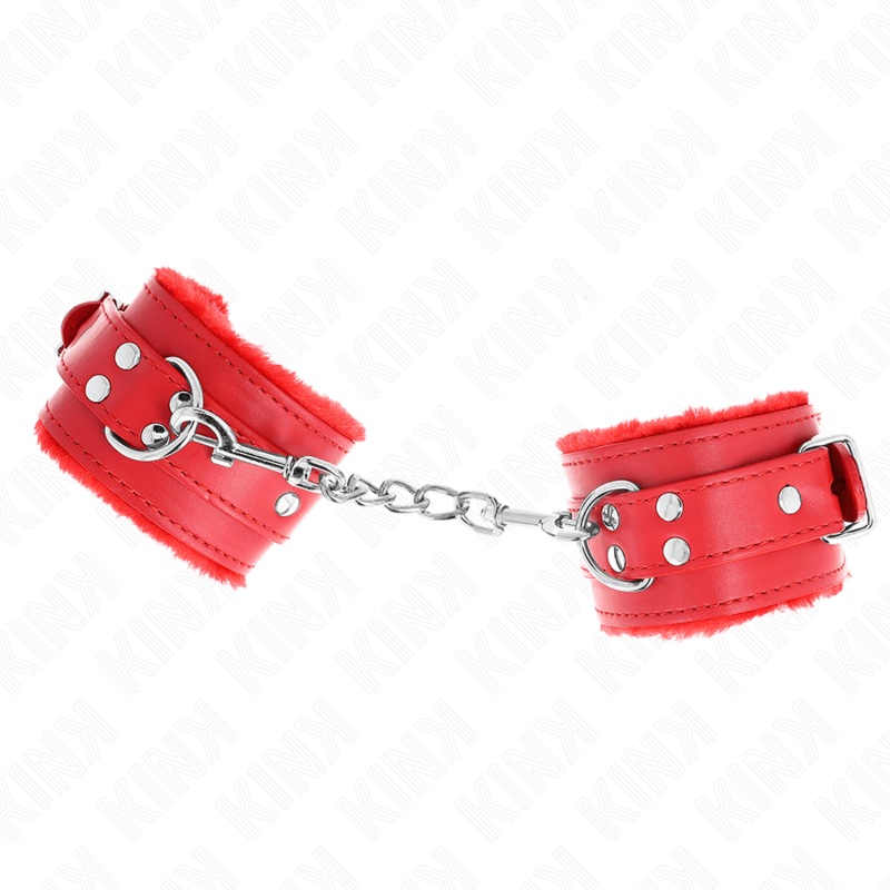 KINK – APPUI-POIGNETS DOUBLÉS DE FOURRURE ROUGE AVEC CEINTURE ROUGE RÉGLABLE 17-29 CM X 6 CM