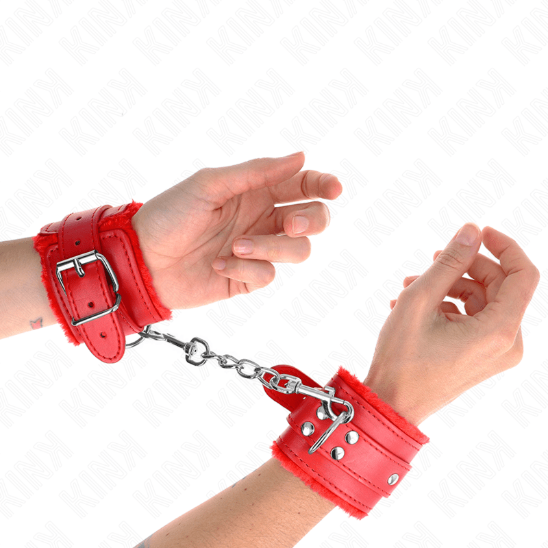 KINK – APPUI-POIGNETS DOUBLÉS DE FOURRURE ROUGE AVEC CEINTURE ROUGE RÉGLABLE 17-29 CM X 6 CM