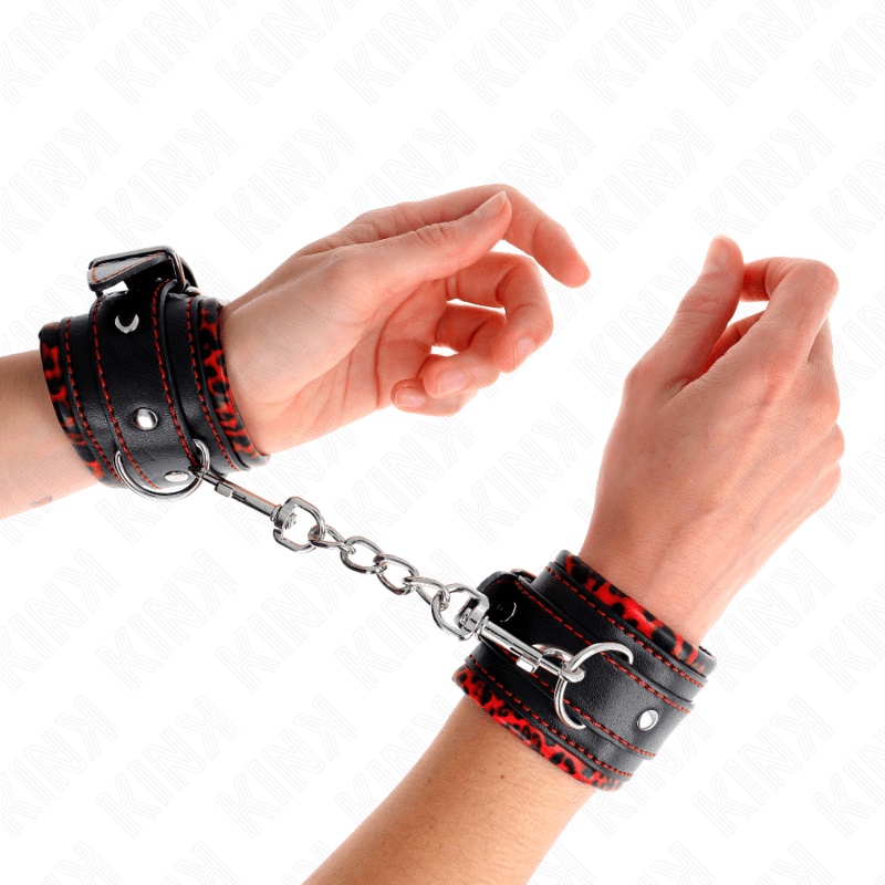 KINK – APPUI-POIGNETS DOUBLÉS DE FOURRURE ROUGE / NOIR RÉGLABLE 17-29 CM X 6 CM