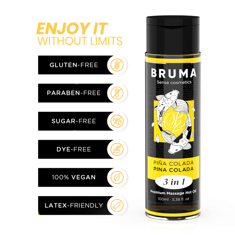 BRUMA – HUILE DE MASSAGE PREMIUM EFFET CHALEUR SAVEUR PINA COLADA 3 EN 1 – 100 ML