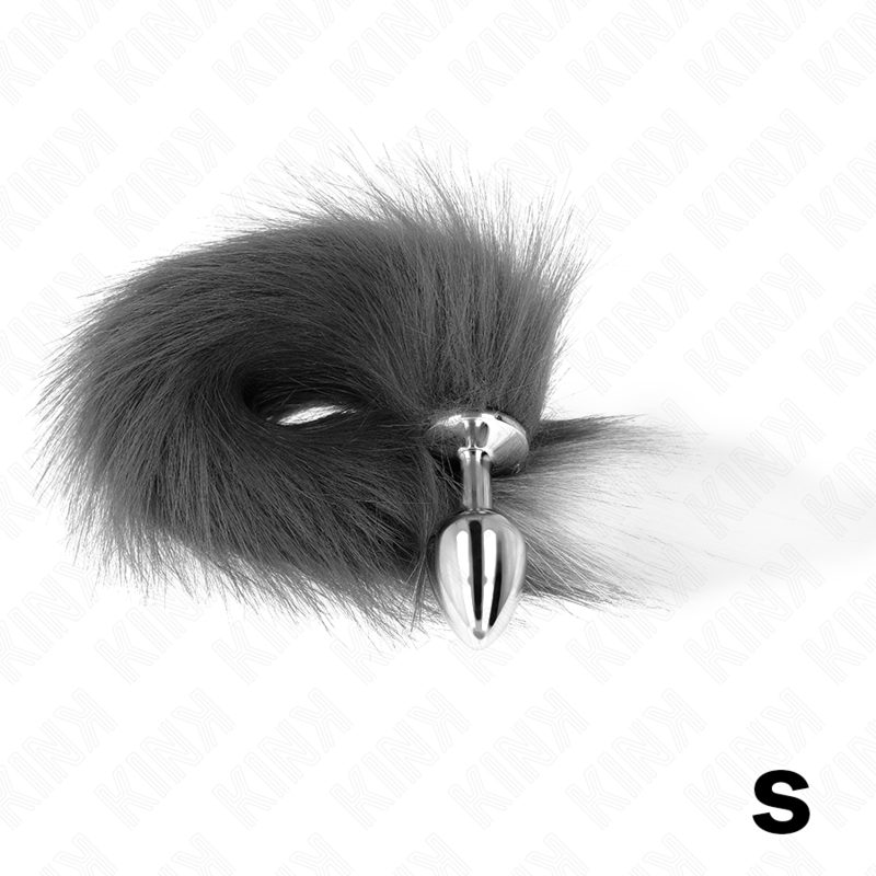 KINK – PLUG ANAL TAILLE S 7 X 3 CM AVEC QUEUE SYNTHÉTIQUE 40 CM GRIS ET BLANC