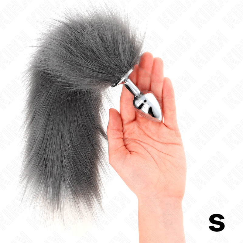 KINK – PLUG ANAL TAILLE S 7 X 3 CM AVEC QUEUE SYNTHÉTIQUE 40 CM GRIS ET BLANC