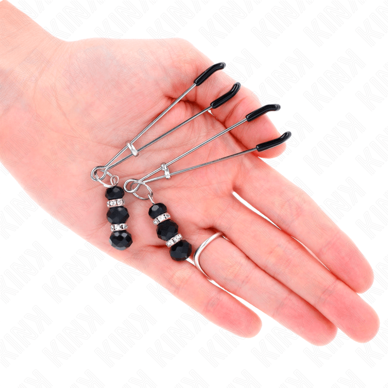 KINK – PINCES À TETON FINES OR AVEC 3 BILLES DE VERRE NOIR 7 CM