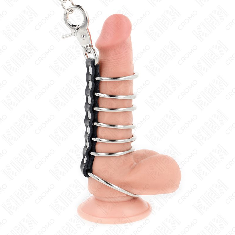 KINK – 7 ANNEAUX PÉNIS EN MÉTAL DE 3,8 CM À 5 CM CONNECTÉS AVEC DU CUIR ET UNE CHAÎNE EN MÉTAL 100 CM