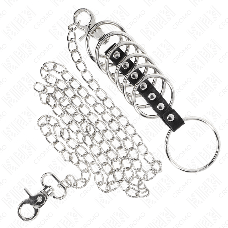 KINK – 7 ANNEAUX PÉNIS EN MÉTAL DE 3,8 CM À 5 CM CONNECTÉS AVEC DU CUIR ET UNE CHAÎNE EN MÉTAL 100 CM