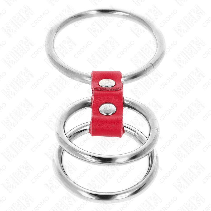 KINK – ANNEAU PÉNIS TRIPLE MÉTAL 3,7 CM À 5 CM CONNECTÉ AVEC DU CUIR ROUGE