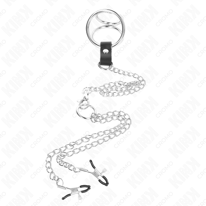 KINK – ANNEAU PÉNIS EN MÉTAL TRIPLE CHROME 3,8 CM À 5 CM AVEC CHAÎNE EN MÉTAL DE 26 CM ET PINCES À TÉTONS MODÈLE 1