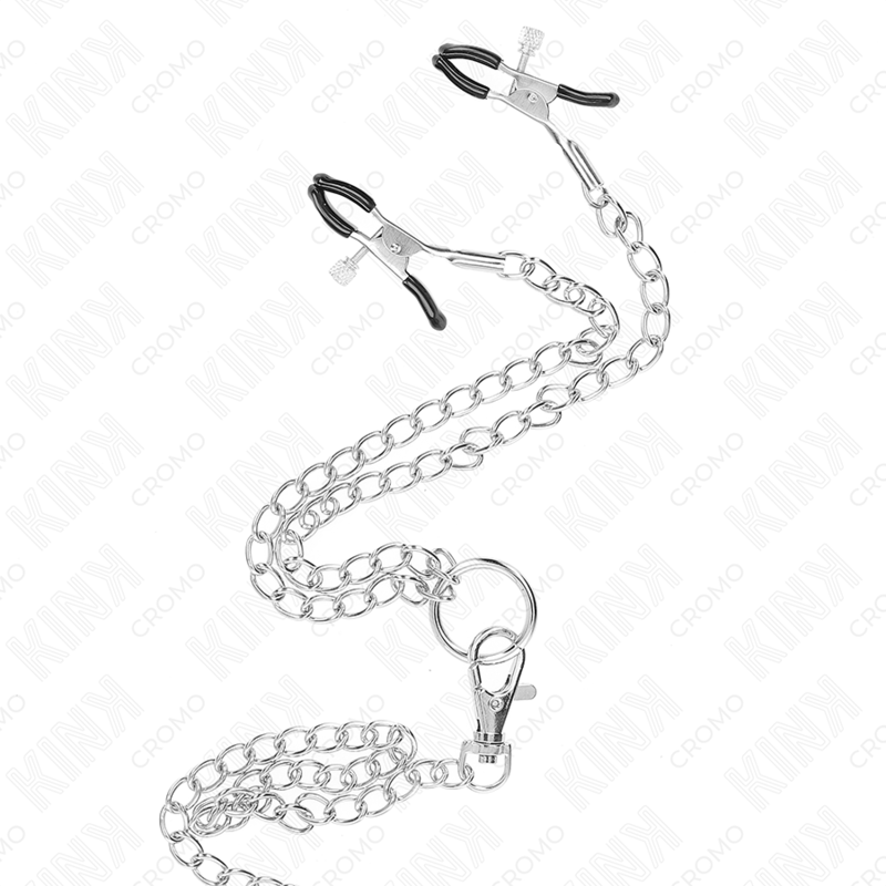 KINK – ANNEAU PÉNIS EN MÉTAL TRIPLE CHROME 3,8 CM À 5 CM AVEC CHAÎNE EN MÉTAL DE 26 CM ET PINCES À TÉTONS MODÈLE 1