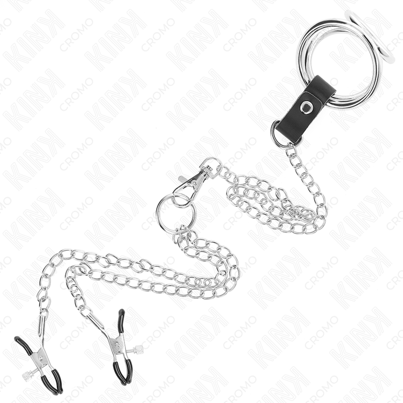 KINK – ANNEAU PÉNIS EN MÉTAL TRIPLE CHROME 3,8 CM À 5 CM AVEC CHAÎNE EN MÉTAL DE 26 CM ET PINCES À TÉTONS MODÈLE 1