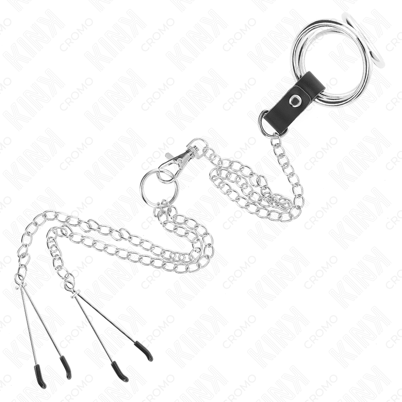 KINK – ANNEAU PÉNIS EN MÉTAL TRIPLE CHROME 3,8 CM À 5 CM AVEC CHAÎNE EN MÉTAL DE 26 CM ET PINCES À TÉTONS MODÈLE 2