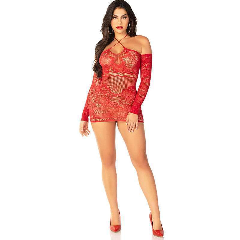 LEG AVENUE – ROBE MINI EN MAILLE À ÉPAULES DÉNUDÉES ET À MANCHES LONGUES ROUGE