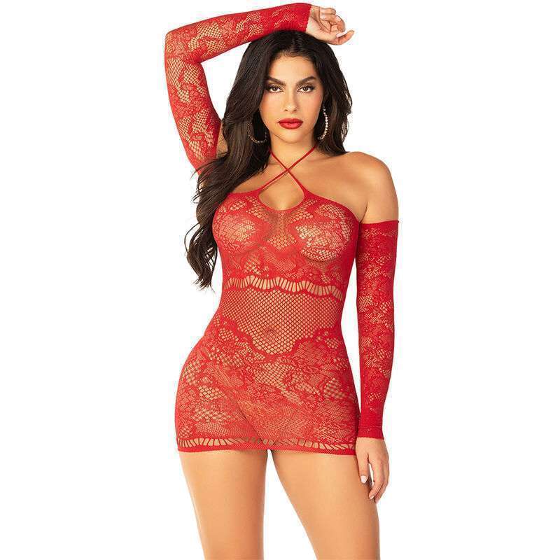 LEG AVENUE – ROBE MINI EN MAILLE À ÉPAULES DÉNUDÉES ET À MANCHES LONGUES ROUGE