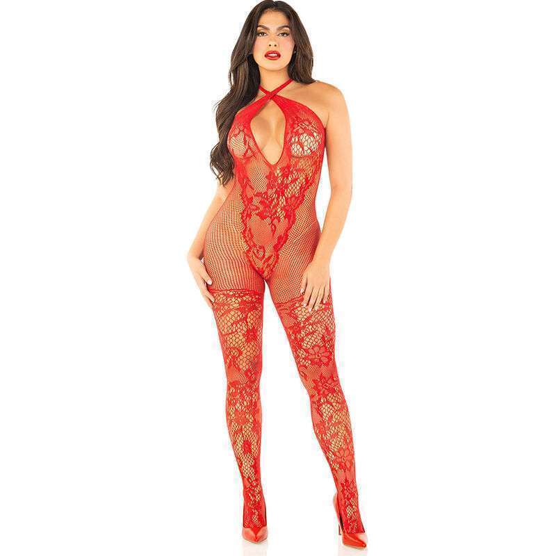 LEG AVENUE – BODYSTOCKING EN MAILLE IMPRIMÉ FLEURI ROUGE TAILLE UNIQUE