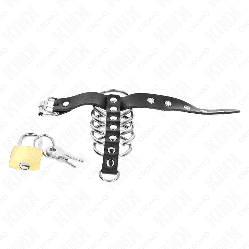 KINK – ANNEAU PÉNIS EN CUIR AVEC SANGLE DE VERROUILLAGE 21 X 2 CM ET 5 ANNEAUX MÉTALLIQUES DE 3 CM À 4 CM