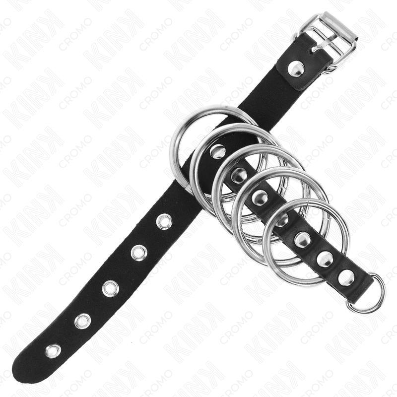 KINK – ANNEAU PÉNIS EN CUIR AVEC SANGLE DE VERROUILLAGE 21 X 2 CM ET 5 ANNEAUX MÉTALLIQUES DE 3 CM À 4 CM