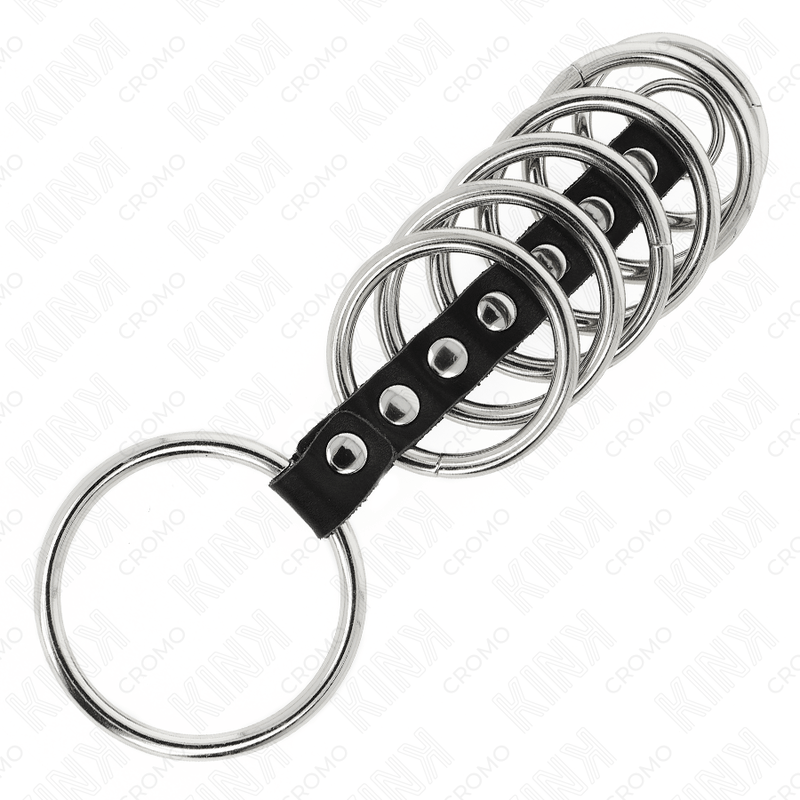 KINK – 7 ANNEAUX PÉNIS EN MÉTAL DE 3,2 CM À 5 CM CONNECTÉS PAR DU CUIR