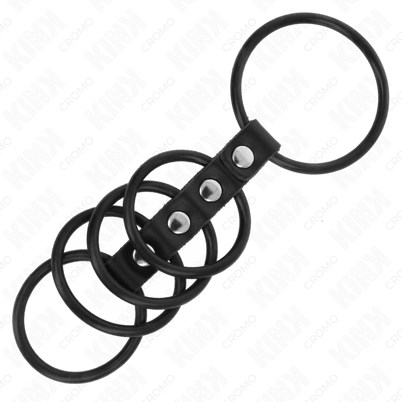 KINK – 5 ANNEAUX PÉNIS EN SILICONE DE 3,8 CM À 4,8 CM CONNECTÉS PAR DU CUIR