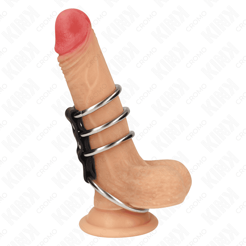 KINK – 4 ANNEAUX PÉNIS EN MÉTAL DE 3,7 CM À 5 CM CONNECTÉS PAR DU CUIR
