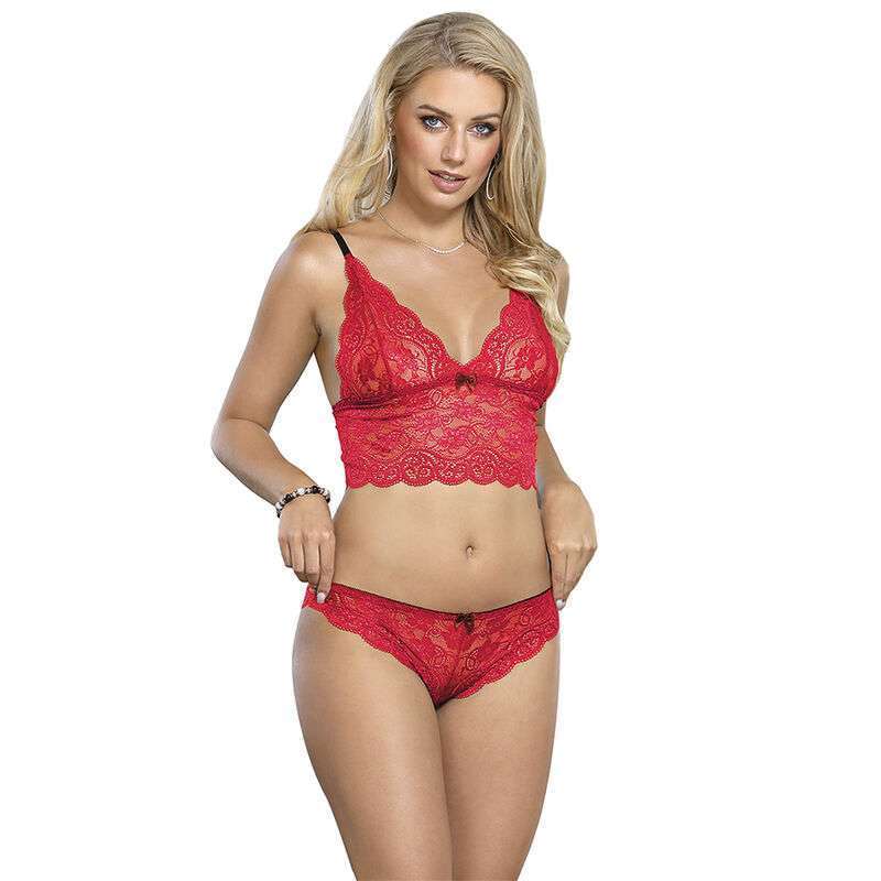 SUBBLIME – 953904 CHEMISIER DE NUIT EN SOIE ET DENTELLE + CULOTTE ROUGE L/XL